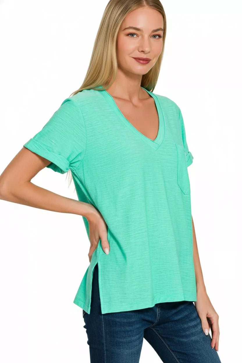 Zenana Slub Rolled Short Sleeve V - Neck Tee - Bitsy Gypsy Boutique