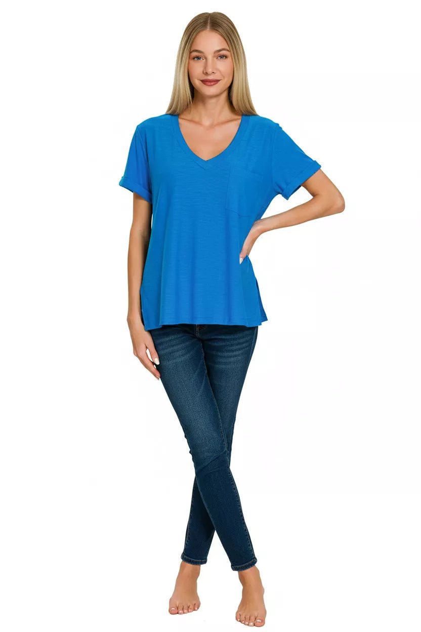 Zenana Slub Rolled Short Sleeve V - Neck Tee - Bitsy Gypsy Boutique