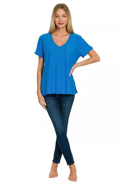 Zenana Slub Rolled Short Sleeve V - Neck Tee - Bitsy Gypsy Boutique