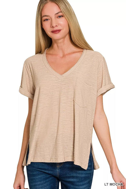 Zenana Slub Rolled Short Sleeve V - Neck Tee - Bitsy Gypsy Boutique