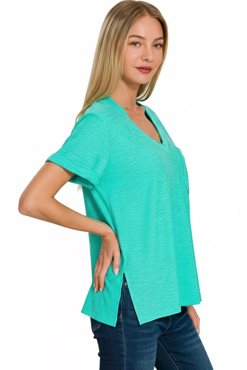 Zenana Slub Rolled Short Sleeve V - Neck Tee - Bitsy Gypsy Boutique