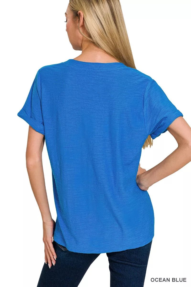 Zenana Slub Rolled Short Sleeve V - Neck Tee - Bitsy Gypsy Boutique