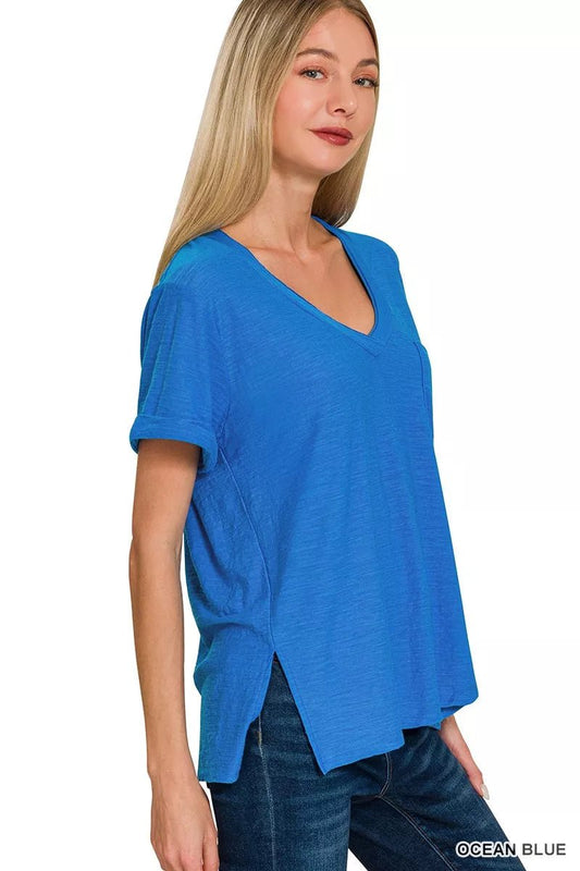 Zenana Slub Rolled Short Sleeve V - Neck Tee - Bitsy Gypsy Boutique