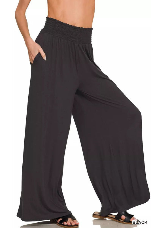 Zenana Smocked Waist Wide Leg Palazzo Pants - Bitsy Gypsy Boutique