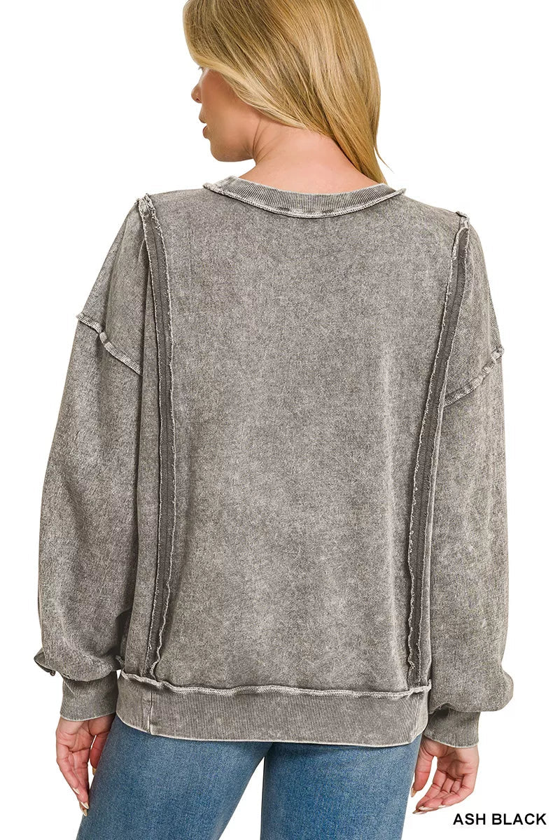 Zenana Snow Washed F/Terry Exposed - Seam Sweatshirt - Bitsy Gypsy Boutique