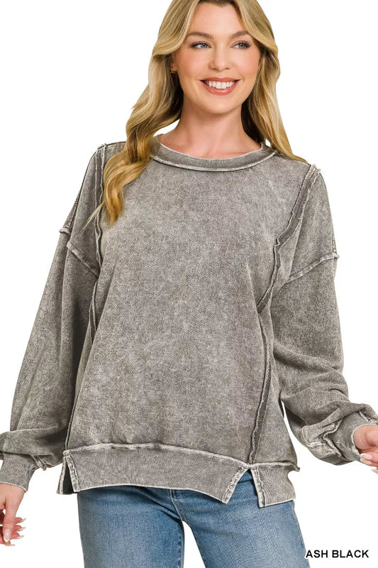 Zenana Snow Washed F/Terry Exposed - Seam Sweatshirt - Bitsy Gypsy Boutique