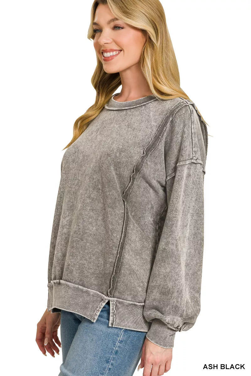 Zenana Snow Washed F/Terry Exposed - Seam Sweatshirt - Bitsy Gypsy Boutique