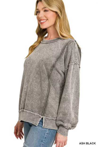 Zenana Snow Washed F/Terry Exposed - Seam Sweatshirt - Bitsy Gypsy Boutique