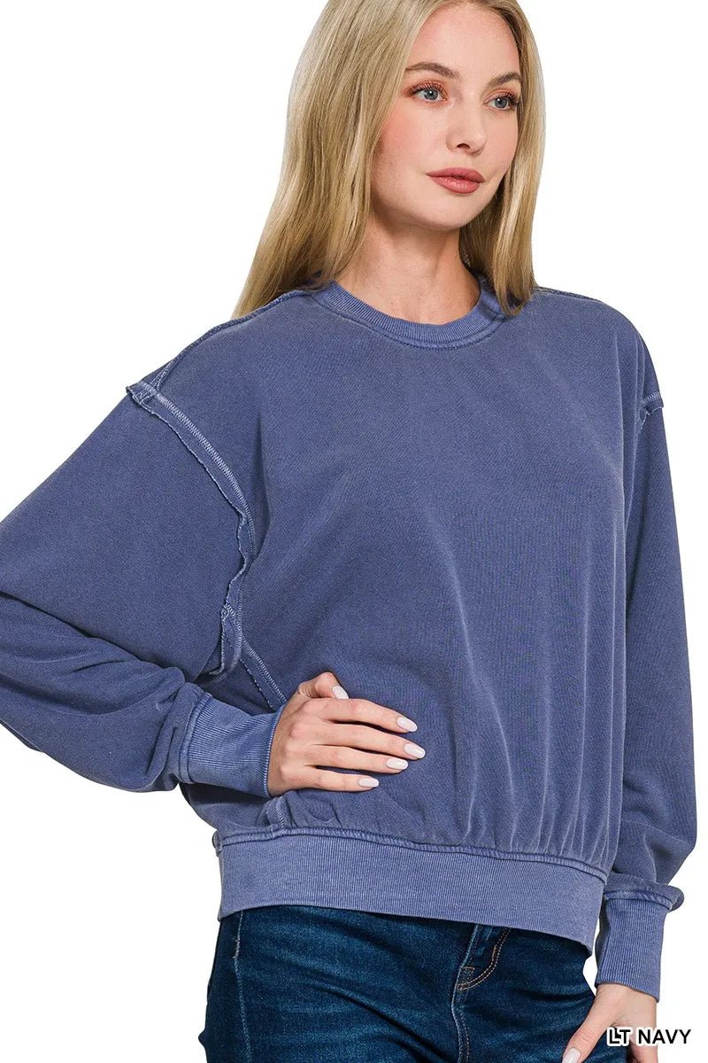 Zenana Soft Fleece Pigment Dye Round Neck Pullover - Bitsy Gypsy Boutique