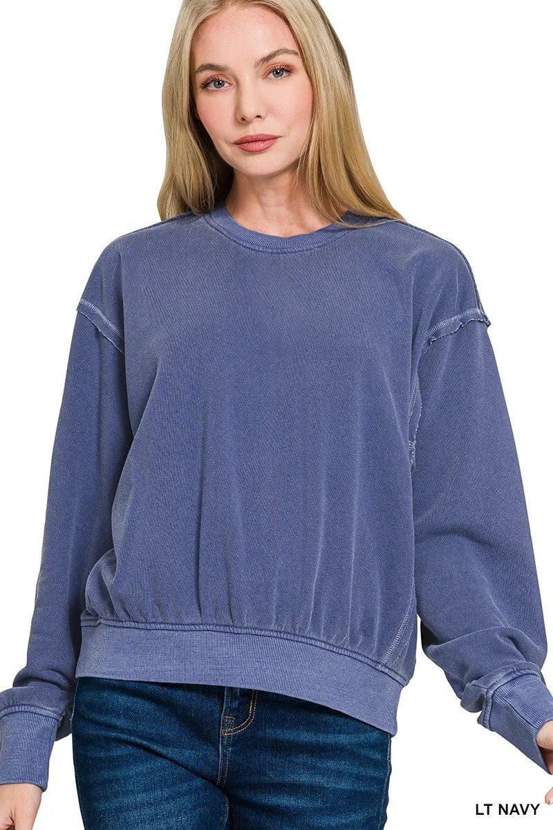 Zenana Soft Fleece Pigment Dye Round Neck Pullover - Bitsy Gypsy Boutique