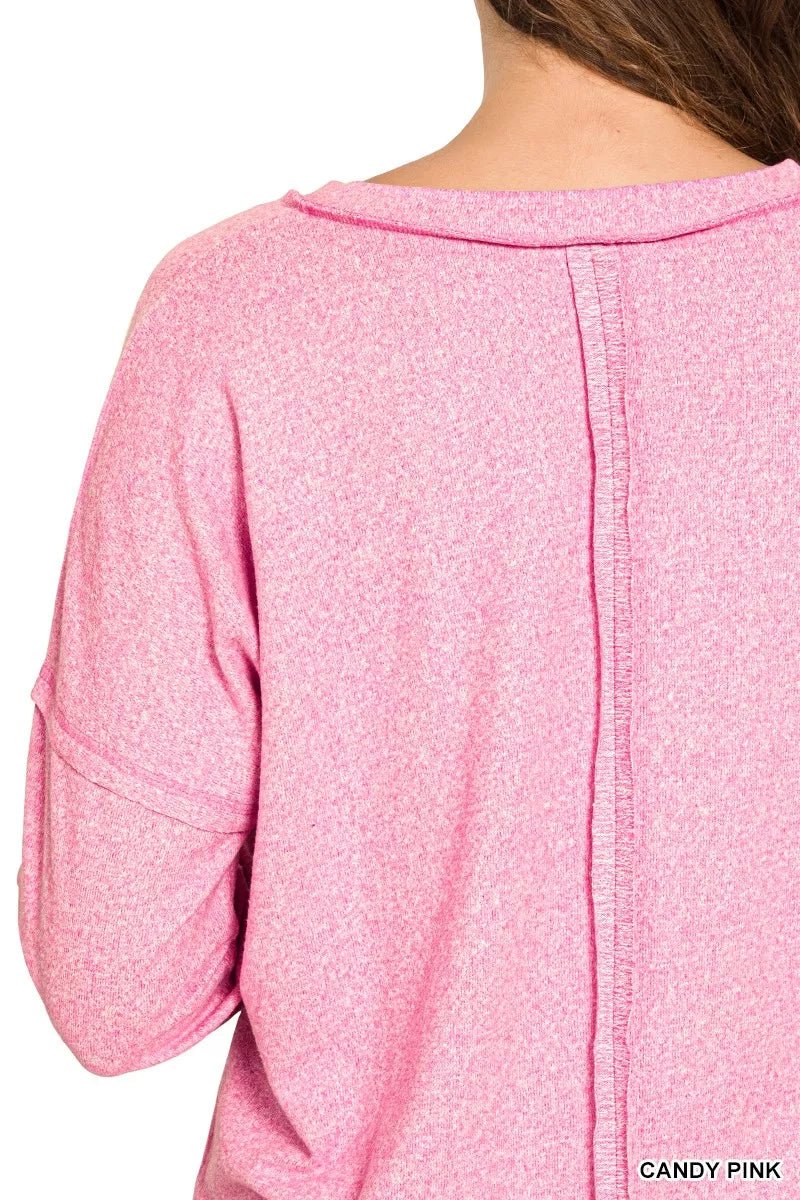 Zenana Soft Melange Hacci Exposed Seam Coin Pocket Tee - Bitsy Gypsy Boutique