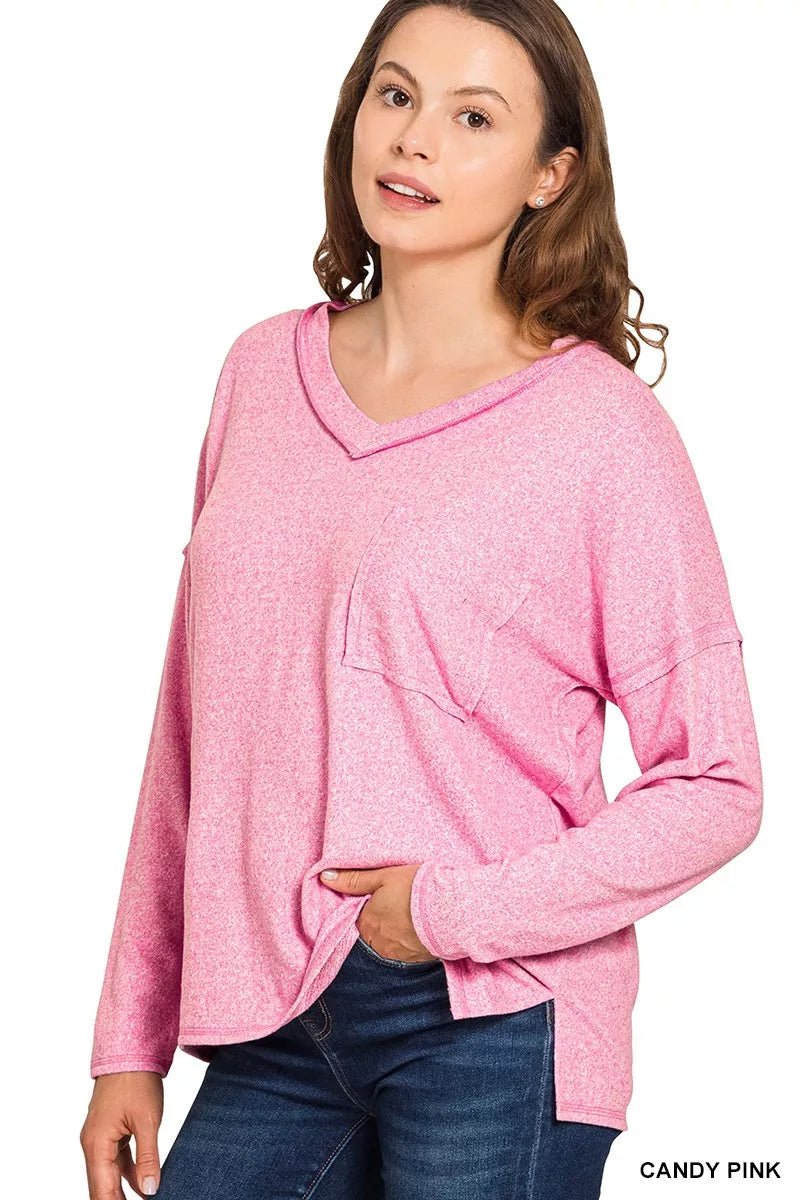 Zenana Soft Melange Hacci Exposed Seam Coin Pocket Tee - Bitsy Gypsy Boutique