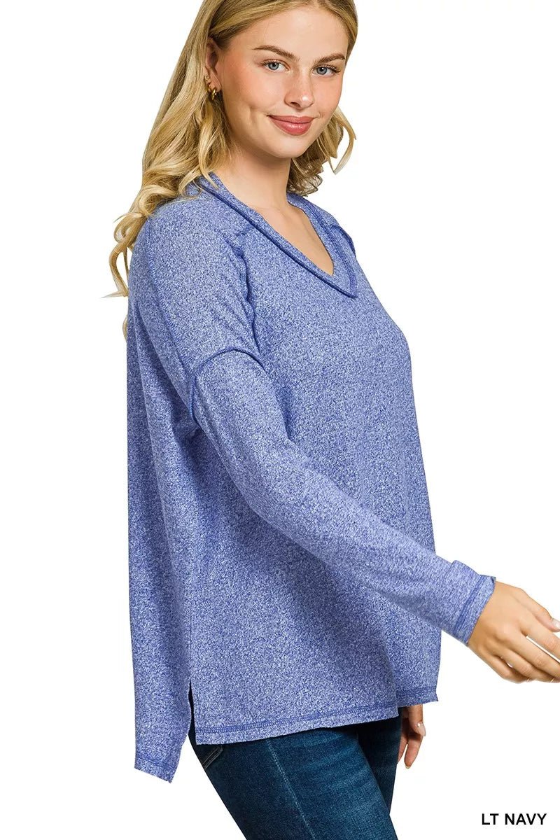 Zenana Soft Melange Hacci Exposed Seam Hi - low Tee - Bitsy Gypsy Boutique