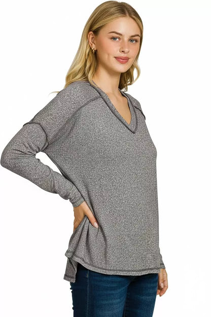 Zenana Soft Melange Hacci Exposed Seam Hi - low Tee - Bitsy Gypsy Boutique