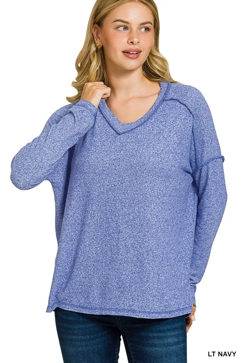 Zenana Soft Melange Hacci Exposed Seam Hi - low Tee - Bitsy Gypsy Boutique