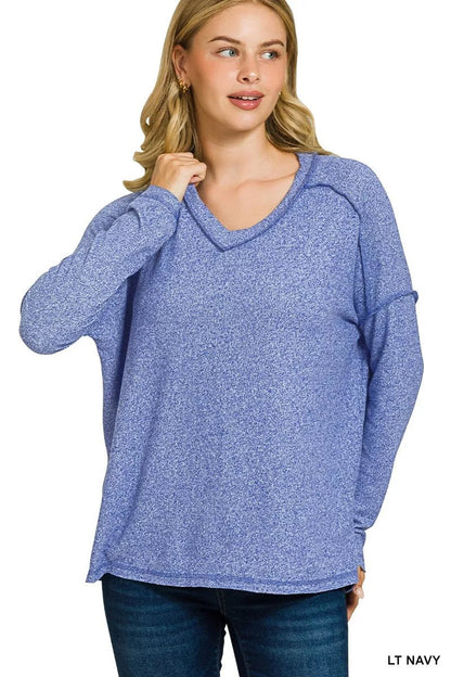 Zenana Soft Melange Hacci Exposed Seam Hi - low Tee - Bitsy Gypsy Boutique