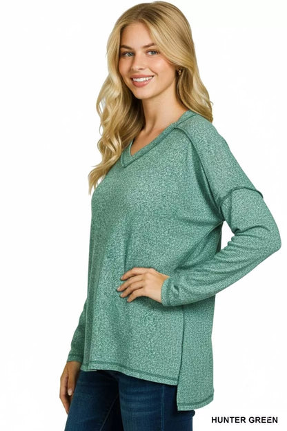 Zenana Soft Melange Hacci Exposed Seam Hi - low Tee - Bitsy Gypsy Boutique