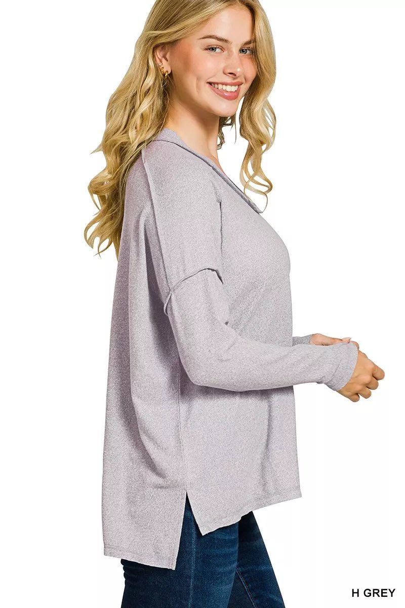 Zenana Soft Melange Hacci Exposed Seam Hi - low Tee - Bitsy Gypsy Boutique