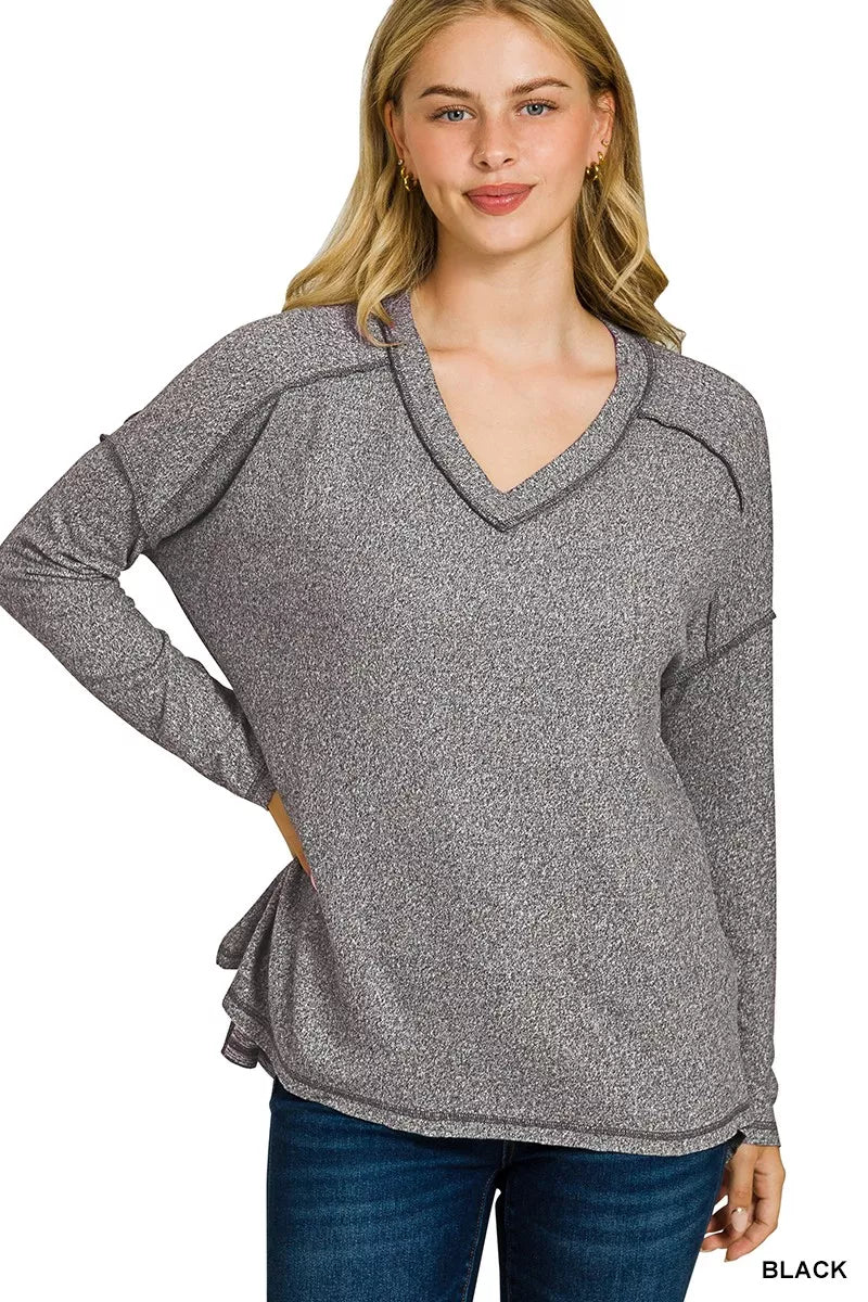 Zenana Soft Melange Hacci Exposed Seam Hi - low Tee - Bitsy Gypsy Boutique