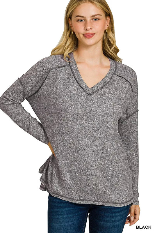 Zenana Soft Melange Hacci Exposed Seam Hi - low Tee - Bitsy Gypsy Boutique