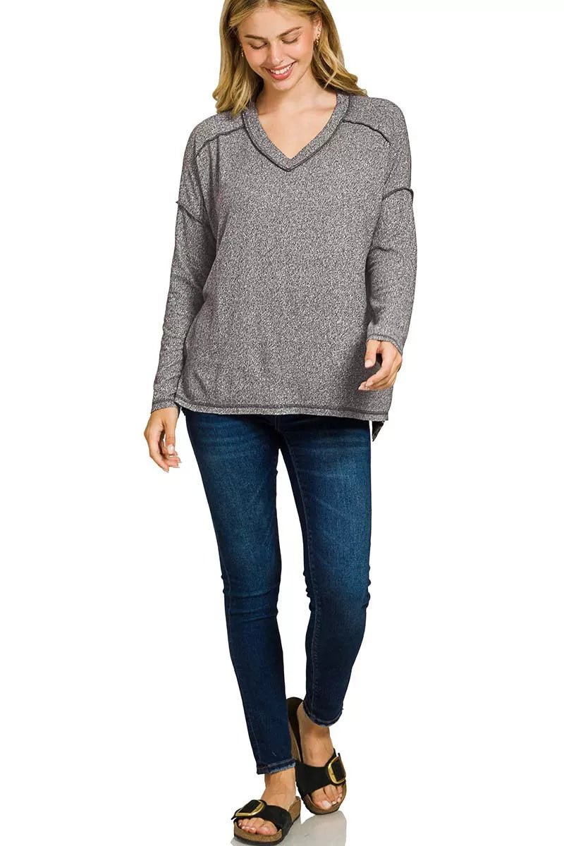 Zenana Soft Melange Hacci Exposed Seam Hi - low Tee - Bitsy Gypsy Boutique