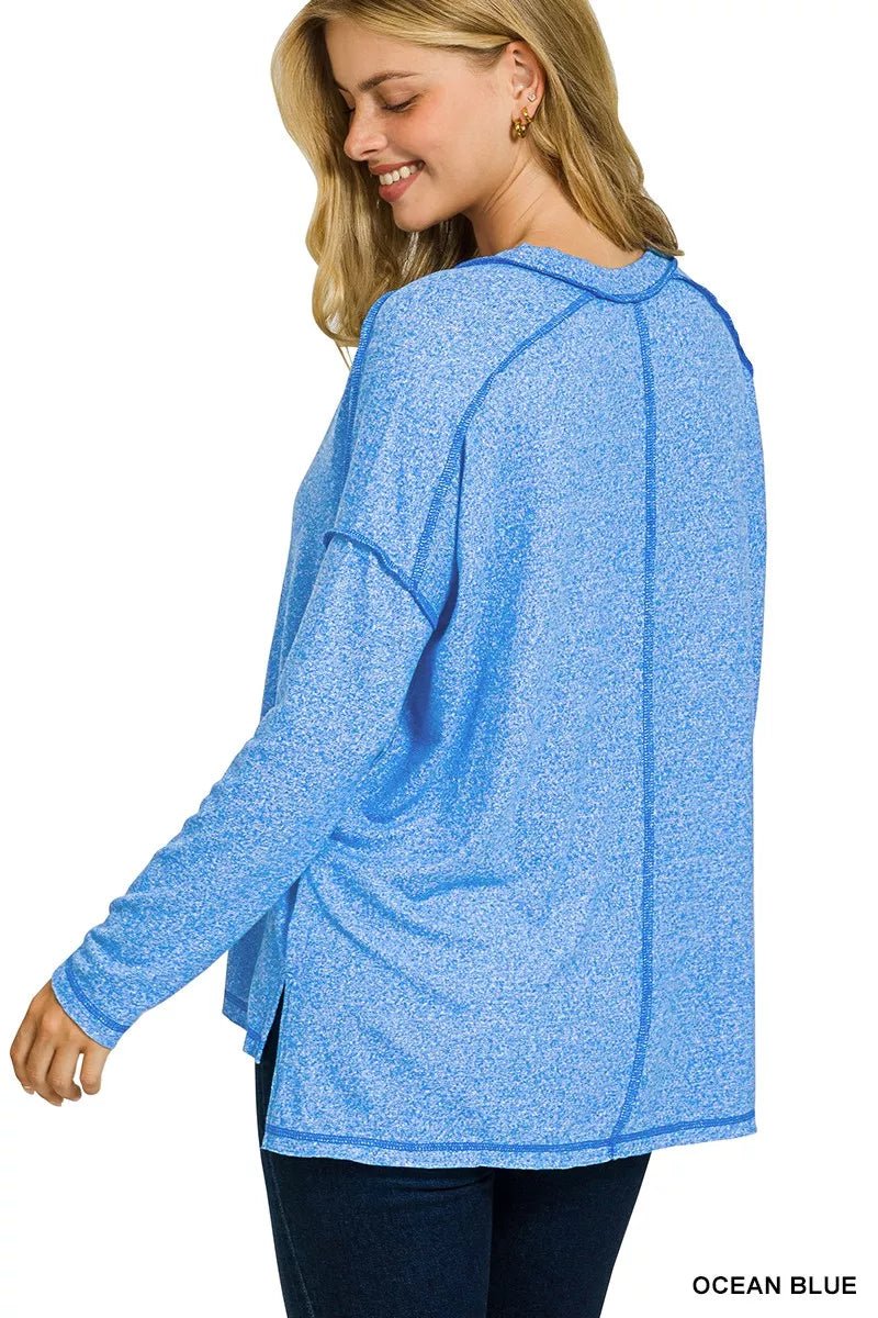 Zenana Soft Melange Hacci Exposed Seam Hi - low Tee - Bitsy Gypsy Boutique