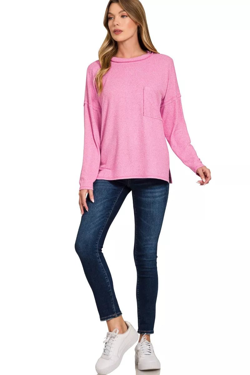 Zenana Soft Melange Hacci Round - Neck Long Sleeve T-Shirt - Bitsy Gypsy Boutique