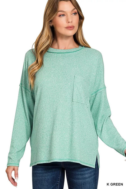 Zenana Soft Melange Hacci Round - Neck Long Sleeve T-Shirt - Bitsy Gypsy Boutique