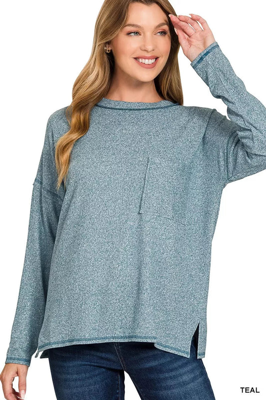 Zenana Soft Melange Hacci Round - Neck Long Sleeve T-Shirt - Bitsy Gypsy Boutique
