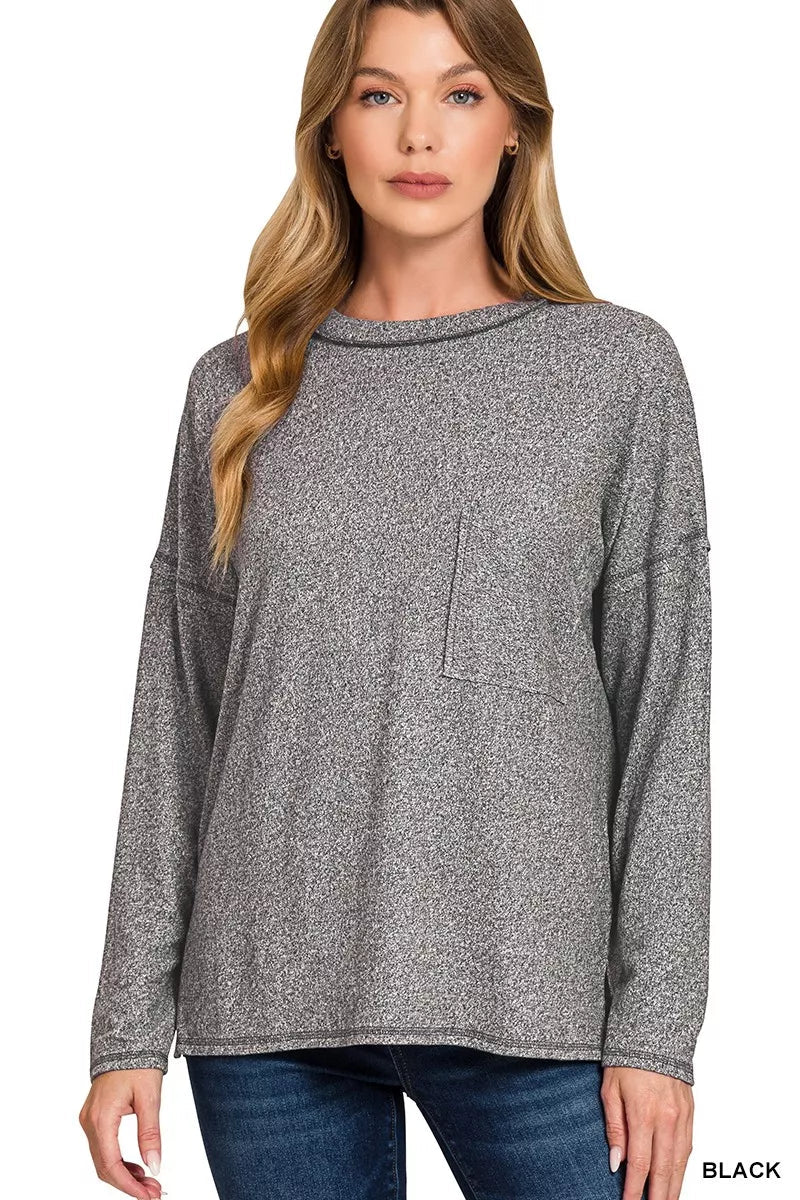 Zenana Soft Melange Hacci Round - Neck Long Sleeve T-Shirt - Bitsy Gypsy Boutique