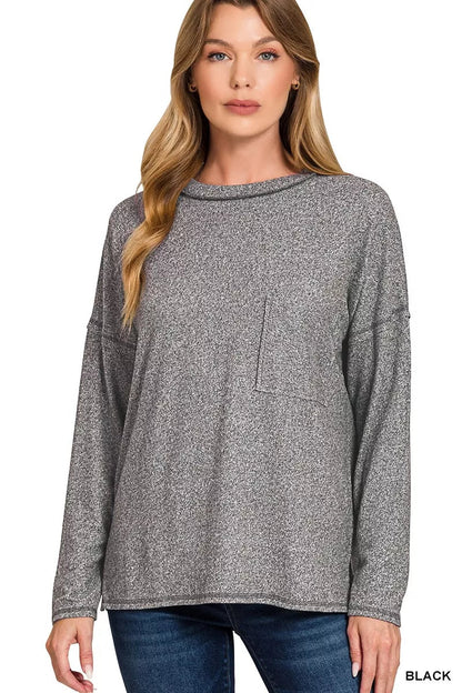 Zenana Soft Melange Hacci Round - Neck Long Sleeve T-Shirt - Bitsy Gypsy Boutique