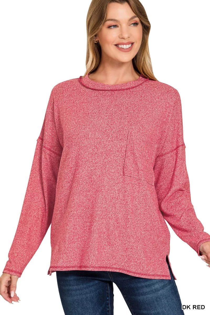 Zenana Soft Melange Hacci Round - Neck Long Sleeve T-Shirt - Bitsy Gypsy Boutique