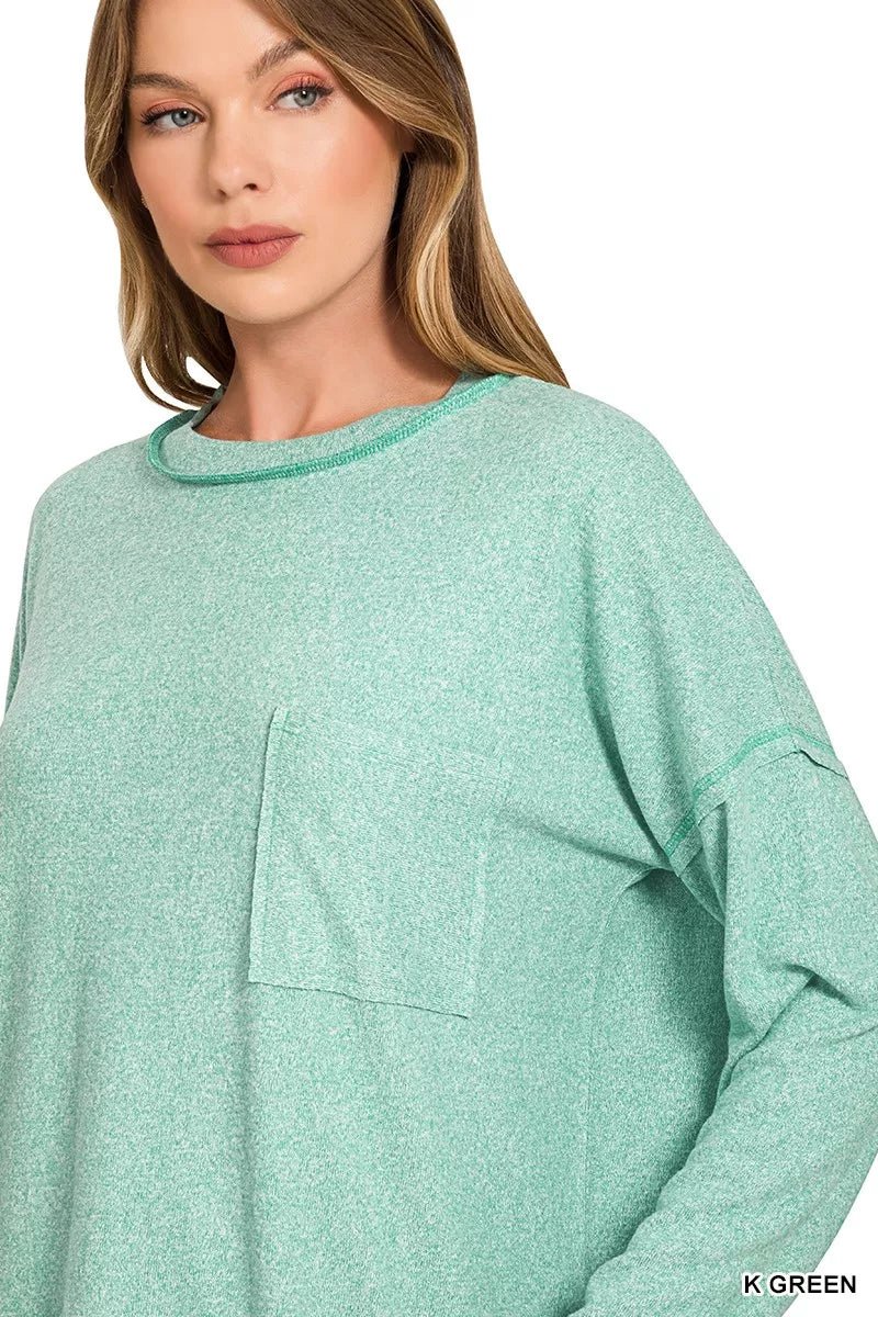 Zenana Soft Melange Hacci Round - Neck Long Sleeve T-Shirt - Bitsy Gypsy Boutique