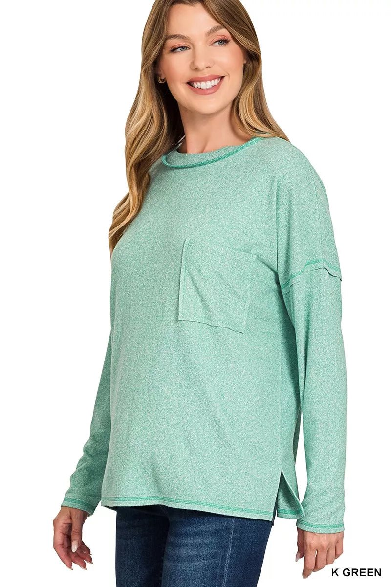 Zenana Soft Melange Hacci Round - Neck Long Sleeve T-Shirt - Bitsy Gypsy Boutique
