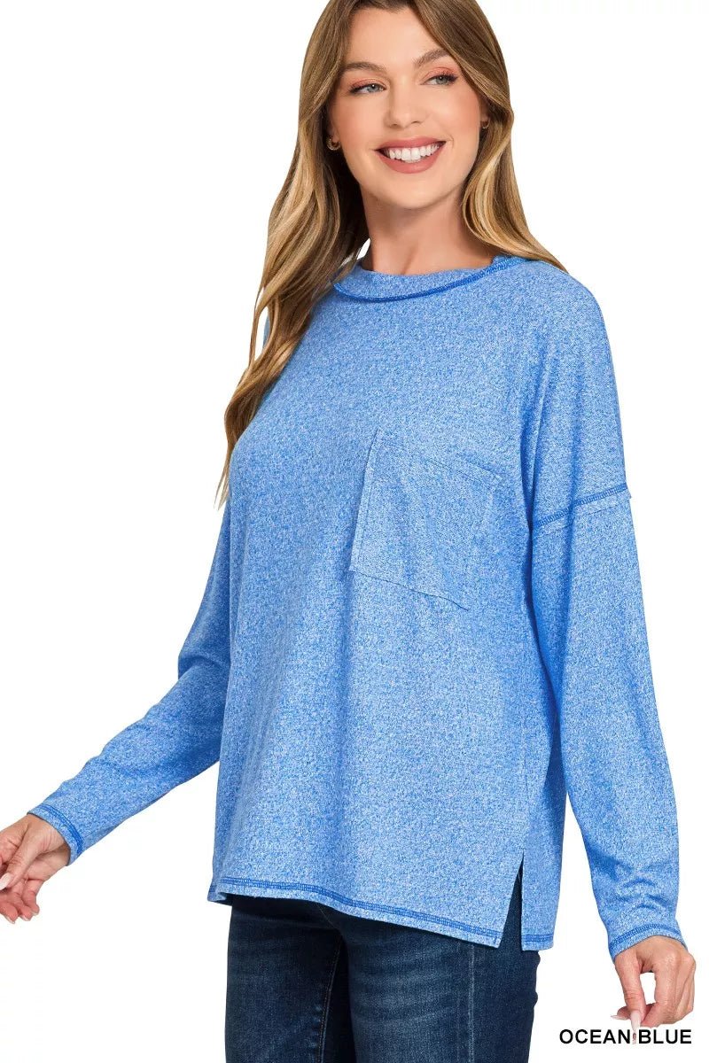 Zenana Soft Melange Hacci Round - Neck Long Sleeve T-Shirt - Bitsy Gypsy Boutique