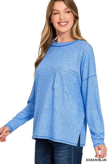 Zenana Soft Melange Hacci Round - Neck Long Sleeve T-Shirt - Bitsy Gypsy Boutique