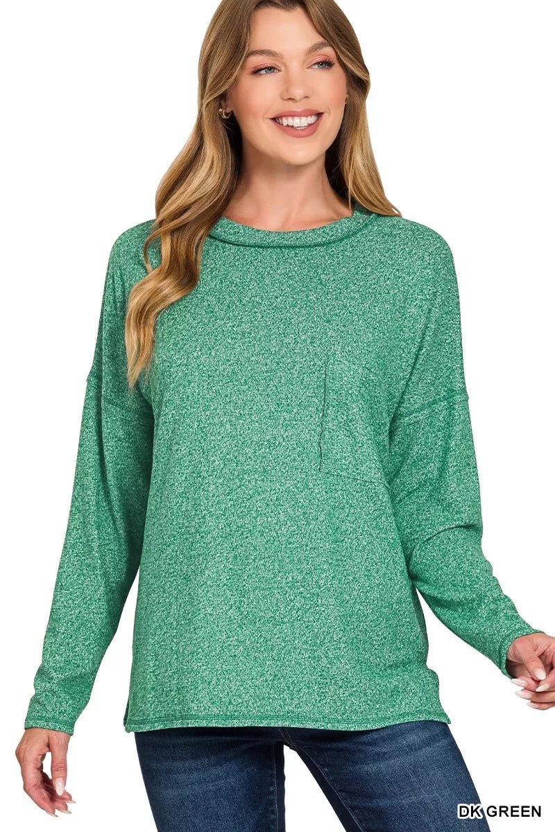 Zenana Soft Melange Hacci Round - Neck Long Sleeve T-Shirt - Bitsy Gypsy Boutique