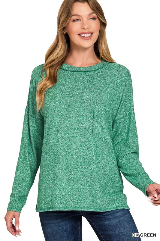 Zenana Soft Melange Hacci Round - Neck Long Sleeve T-Shirt - Bitsy Gypsy Boutique