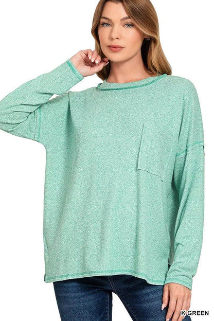 Zenana Soft Melange Hacci Round - Neck Long Sleeve T-Shirt - Bitsy Gypsy Boutique