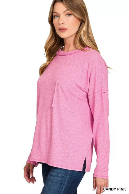 Zenana Soft Melange Hacci Round - Neck Long Sleeve T-Shirt - Bitsy Gypsy Boutique