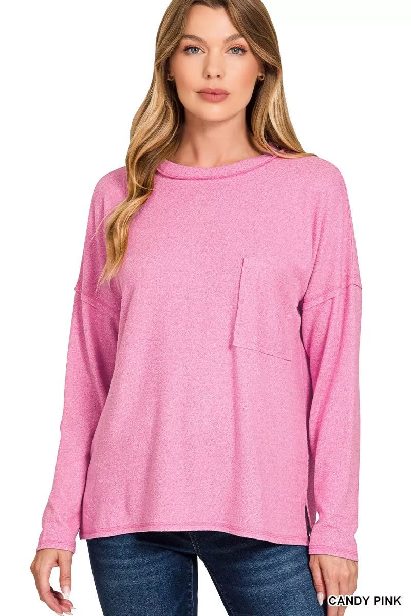 Zenana Soft Melange Hacci Round - Neck Long Sleeve T-Shirt - Bitsy Gypsy Boutique