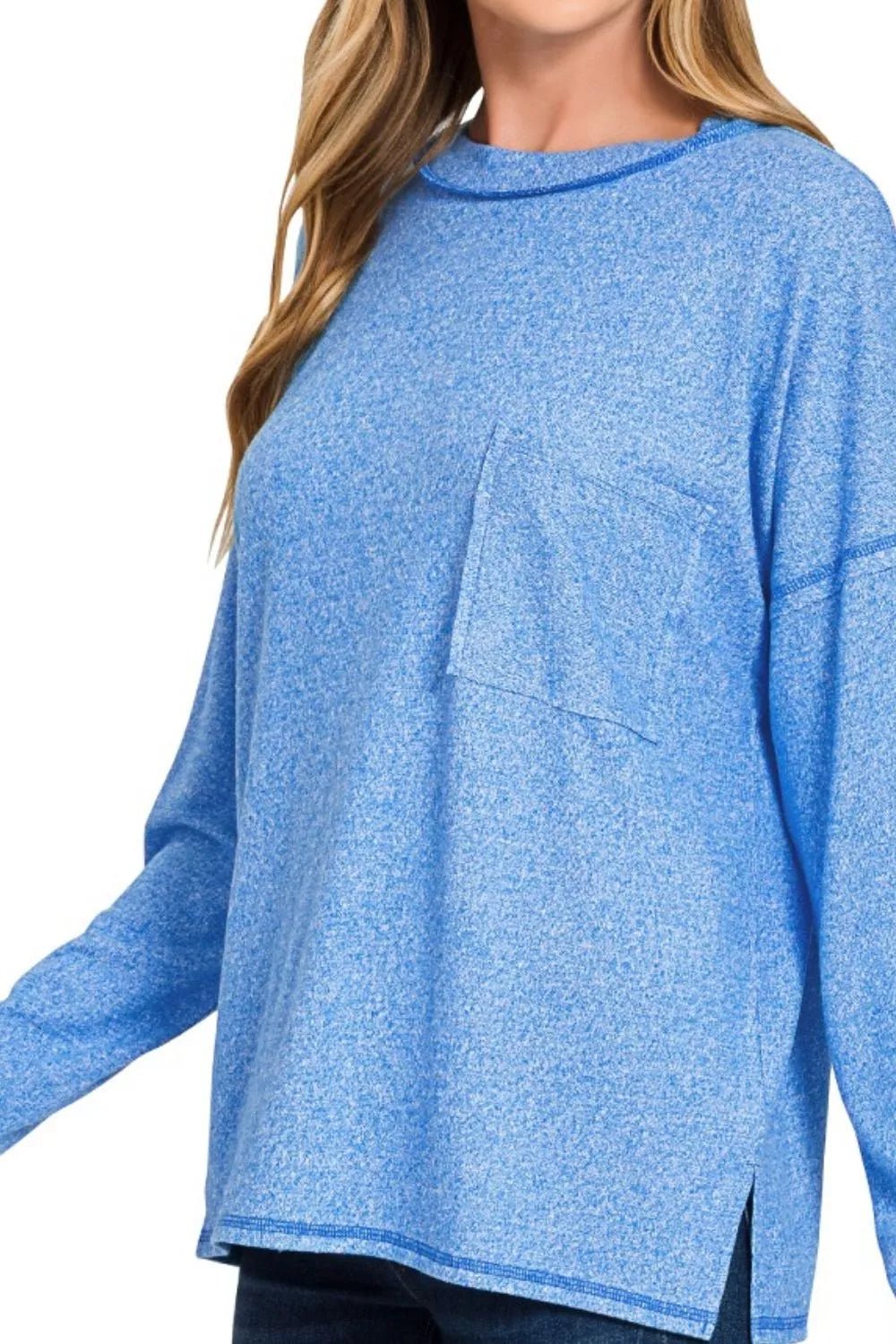 Zenana Soft Melange Hacci Round - Neck Long Sleeve T-Shirt - Bitsy Gypsy Boutique