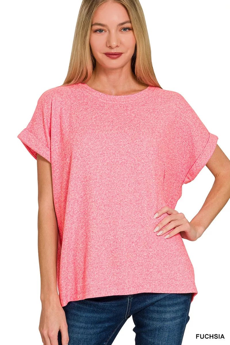 Zenana Soft Melange Hacci Short Sleeve Round Neck Top - Bitsy Gypsy Boutique
