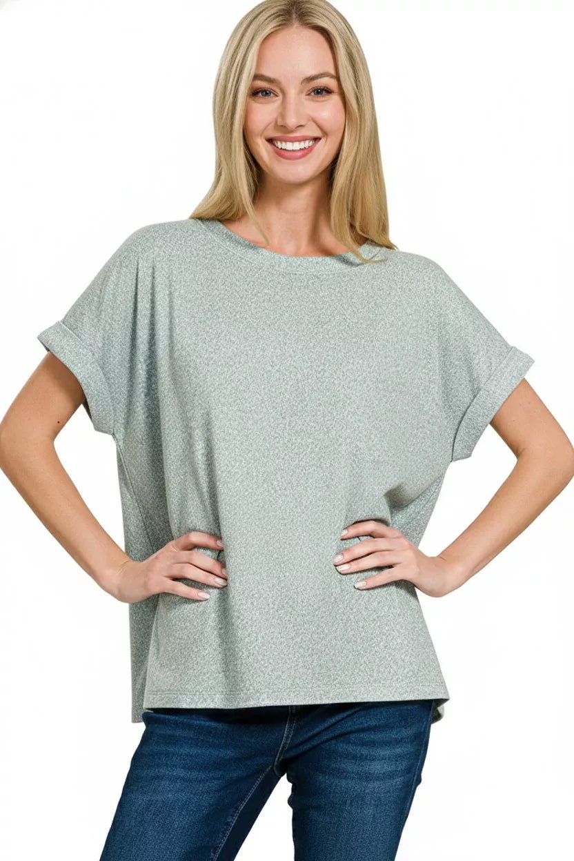 Zenana Soft Melange Hacci Short Sleeve Round Neck Top - Bitsy Gypsy Boutique