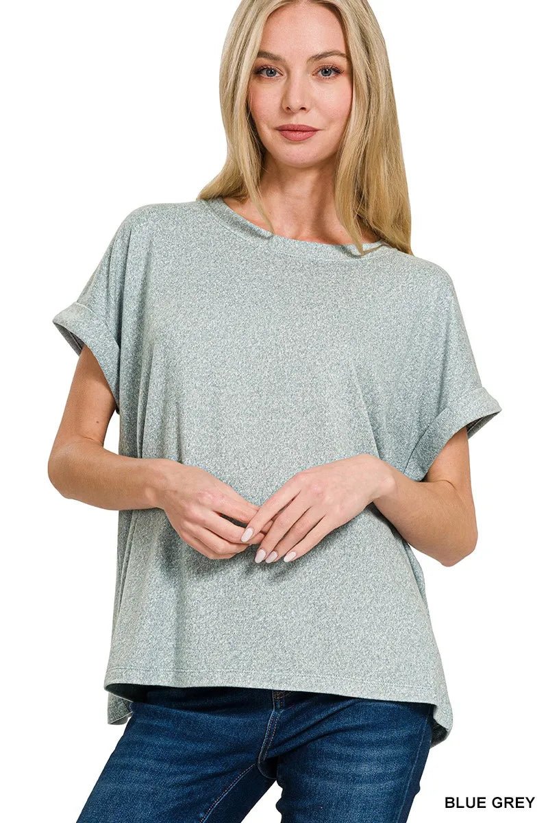 Zenana Soft Melange Hacci Short Sleeve Round Neck Top - Bitsy Gypsy Boutique