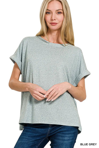 Zenana Soft Melange Hacci Short Sleeve Round Neck Top - Bitsy Gypsy Boutique