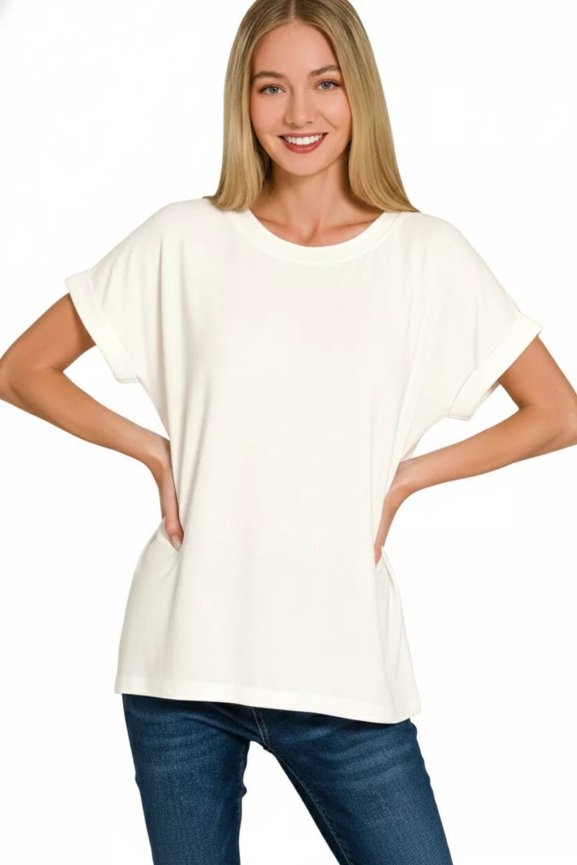 Zenana Soft Melange Hacci Short Sleeve Round Neck Top - Bitsy Gypsy Boutique