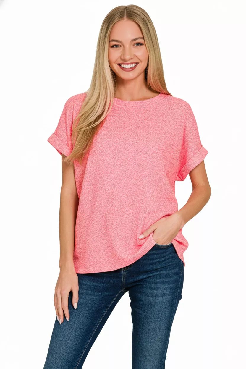 Zenana Soft Melange Hacci Short Sleeve Round Neck Top - Bitsy Gypsy Boutique