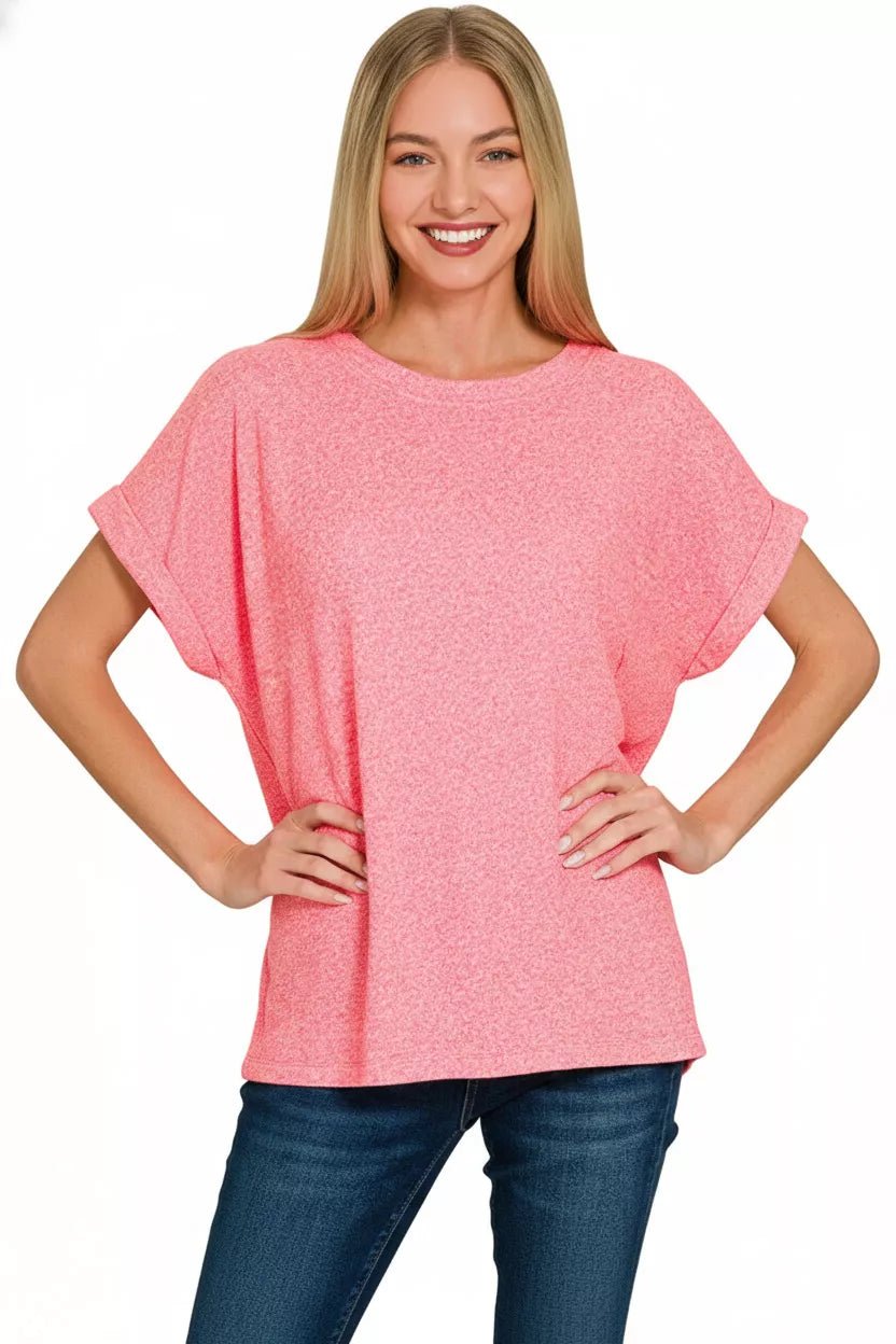 Zenana Soft Melange Hacci Short Sleeve Round Neck Top - Bitsy Gypsy Boutique