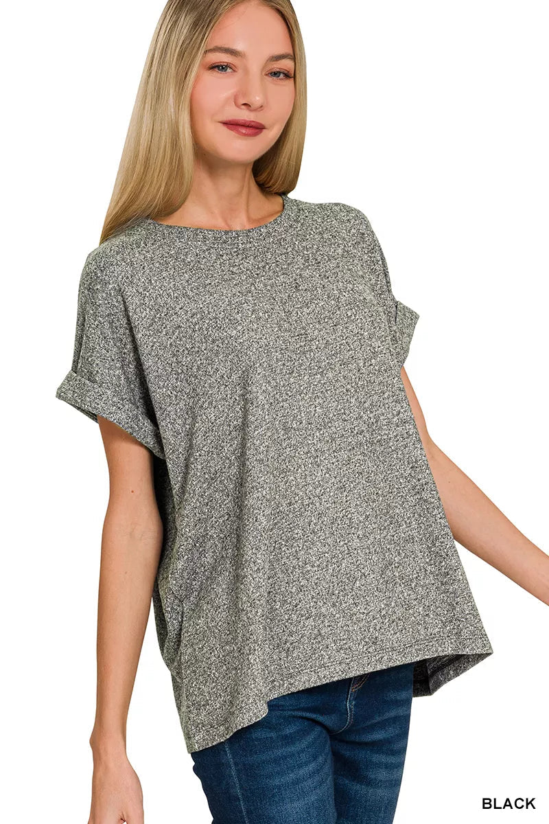 Zenana Soft Melange Hacci Short Sleeve Round Neck Top - Bitsy Gypsy Boutique